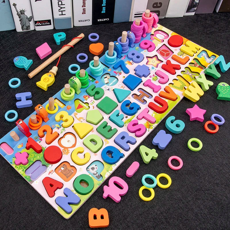 3D Preschool Children Educational Toys Wooden Montessori Arithmetic Magnetic Fishing Digital Shape Matching Building Block Toys