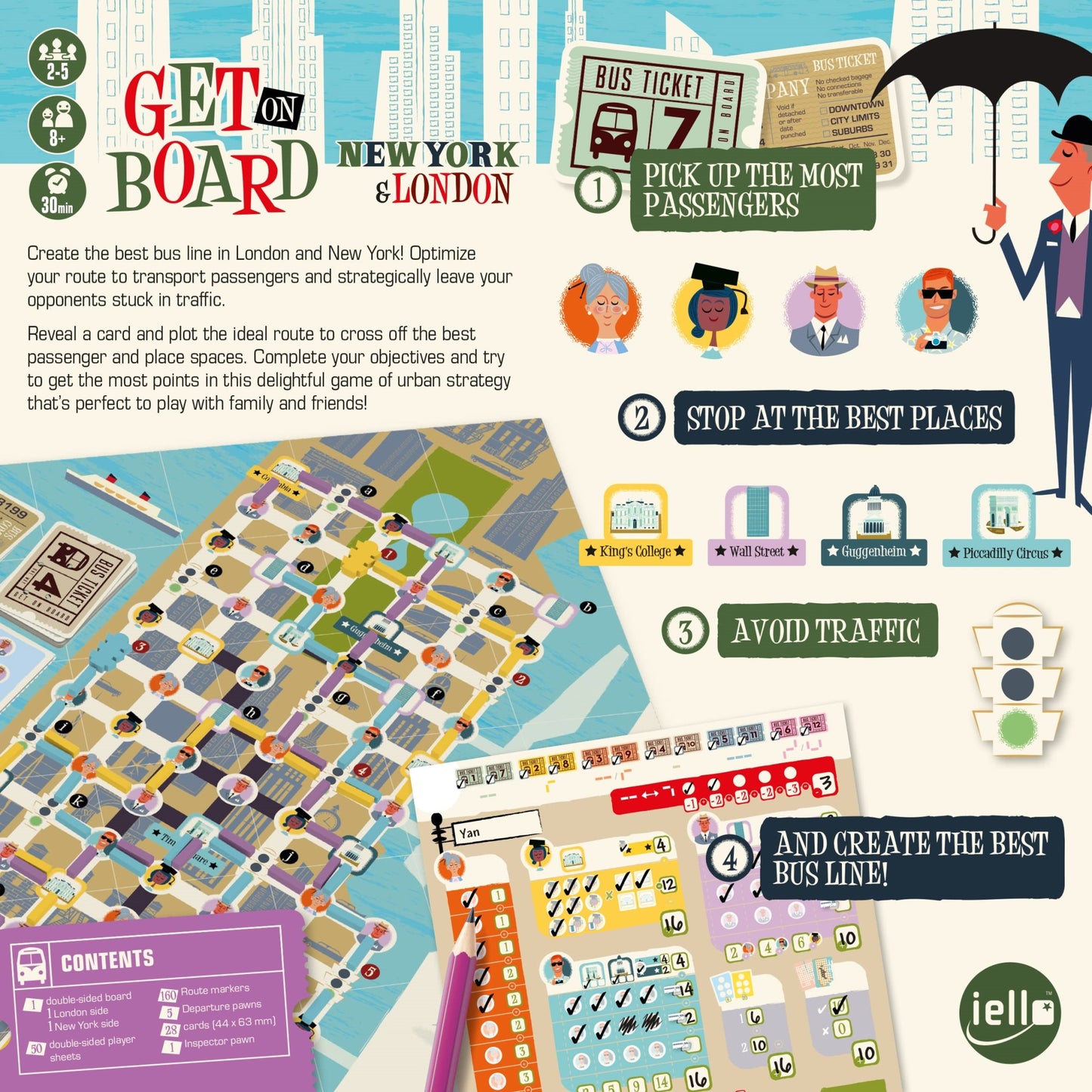 Iello: Get On Board: New York & London, A Flip & Write Game, Clever & Original, 30 Minute Play Time, 2 To 5 Players, For Ages 8