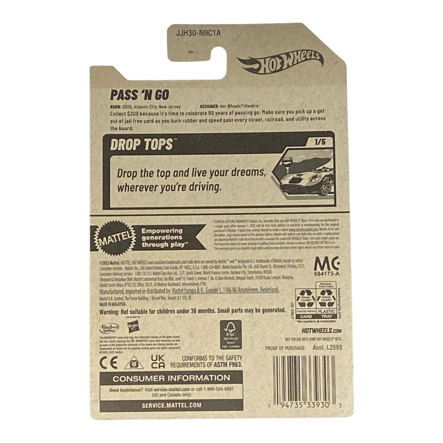 Hot Wheels Pass 'N Go (Monopoly 90 Years) - Drop Tops Series 1/5