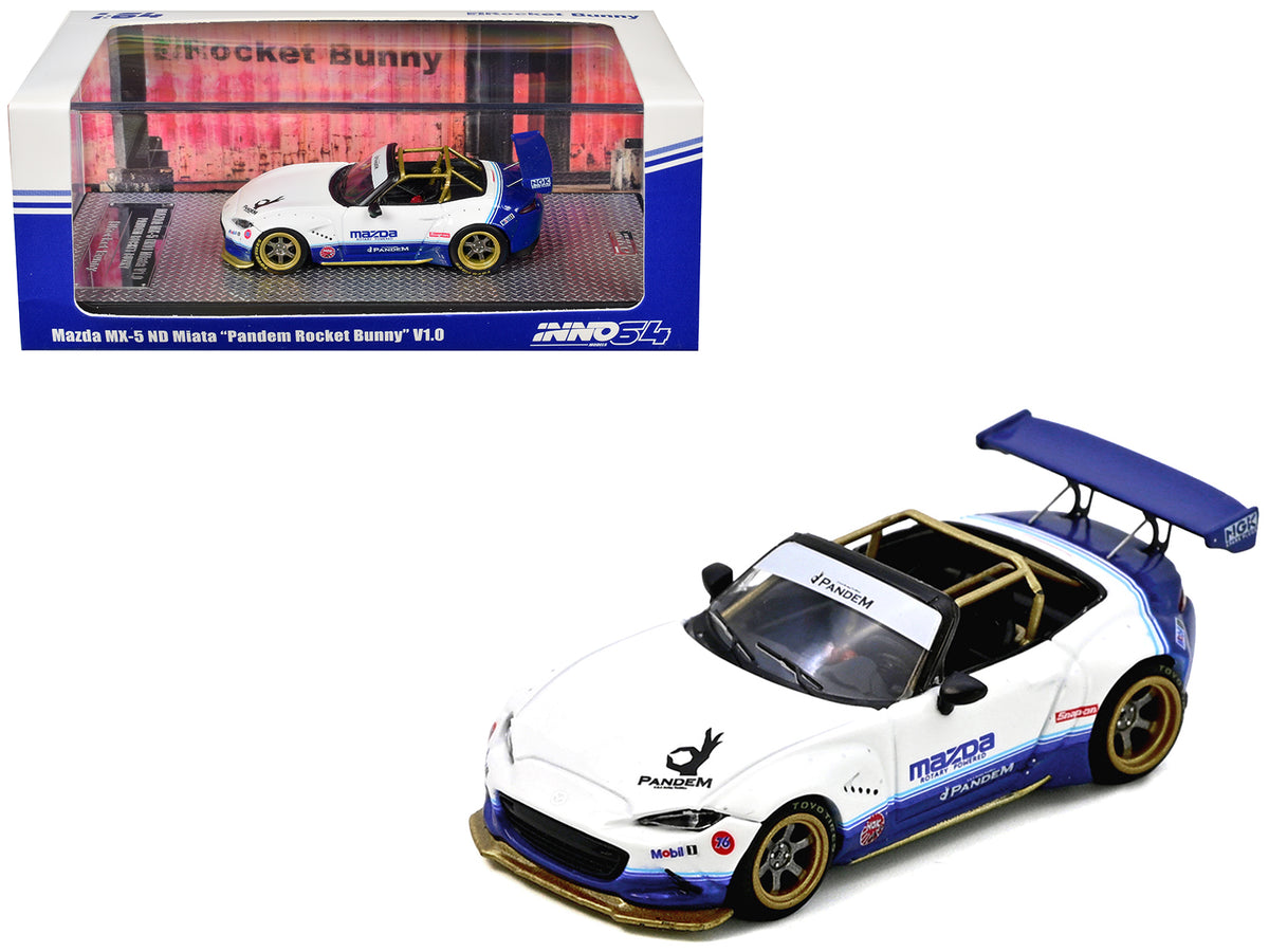Mazda MX-5 ND Miata inchPandem Rocket Bunnyinch V1.0 White and Blue 1/64 Diecast Model Car by Inno Models