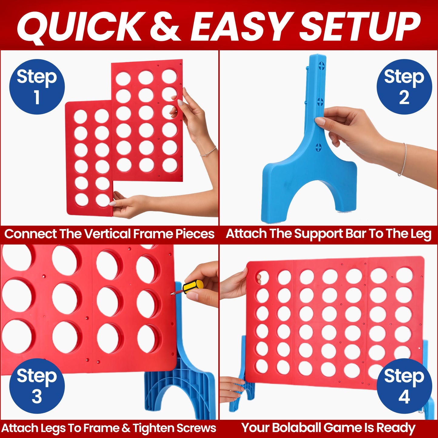Bolaball 4 in a Row Outdoor Game - 1.8 Ft Life-Size Lawn Game for Family & Kids, Red Plastic, Model 317585