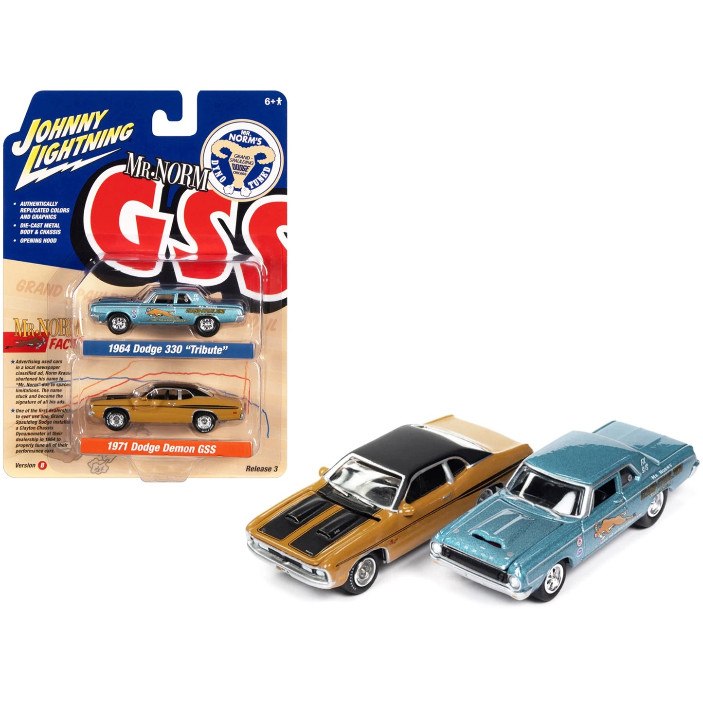 1964 Dodge 330 ''Mr. Norm - Grand Spaulding Dodge'' Blue Metallic and 1971 Dodge Demon GSS Butterscotch Orange with Black Top an