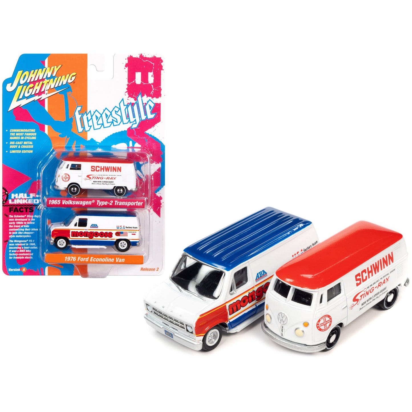 1965 Volkswagen Type 2 Transporter Van White W/ Red Top ''Schwinn'' & 1976 Ford Econoline Van White With Red & Blue Graphics ''M