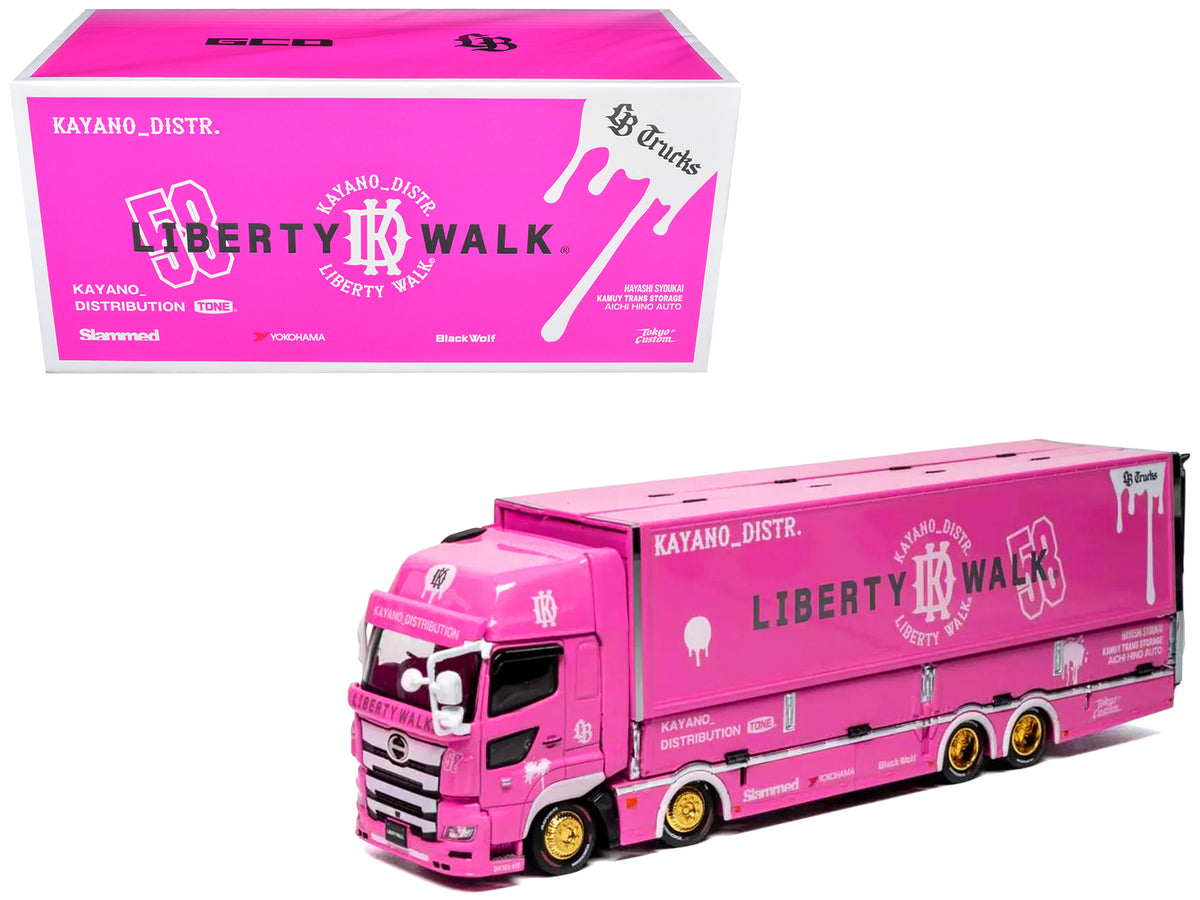 Hino 700 Transporter RHD (Right Hand Drive) inchLB-Trucks - Kayano_Distr.inch Pink Metallic with Graphics 1/64 Diecast Model by GCD