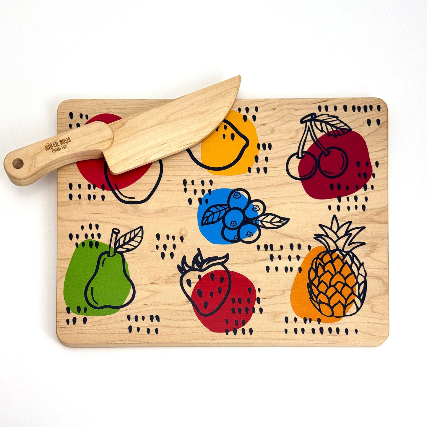 Kid's Chef-in-Training Fruit Wooden Cutting Board with Handcrafted Wooden Knife | Made in the USA