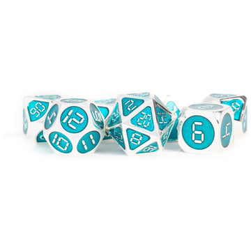 Fanroll By Metallic Dice Games 16Mm Metal Polyhedral Dnd Dice Set: Silver W/Teal Enamel, Role Playing Game Dice For Dungeons And
