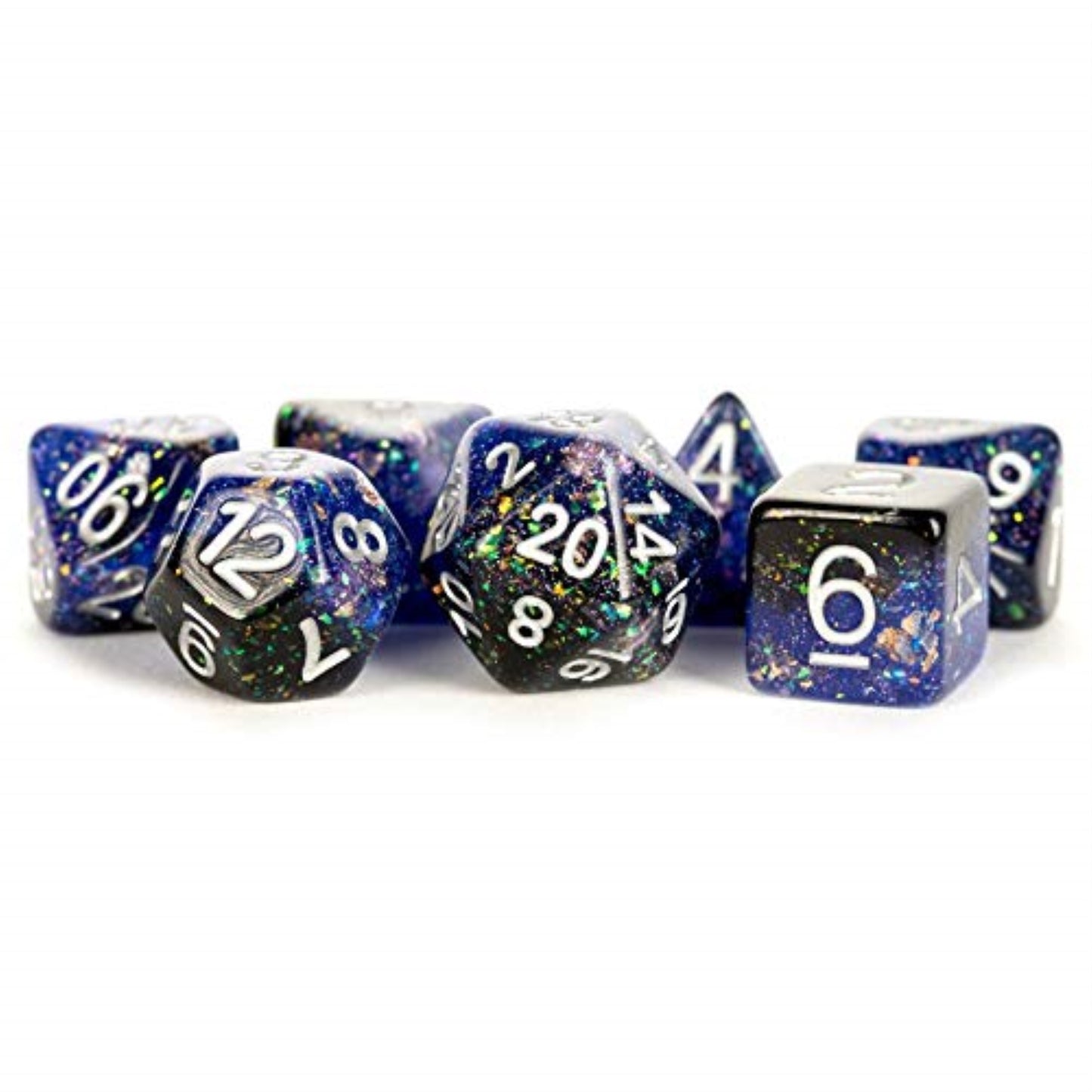 Blue And Black Eternal Resin With White Numbers 16Mm (5/8In) 7 Dice Set Metallic Dice Games