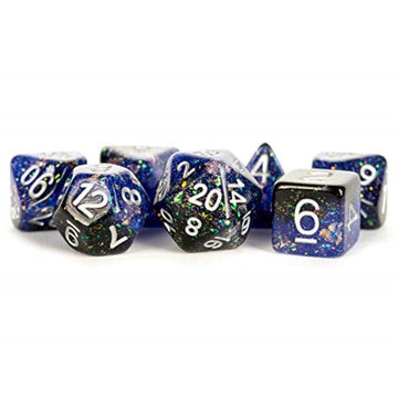 Blue And Black Eternal Resin With White Numbers 16Mm (5/8In) 7 Dice Set Metallic Dice Games