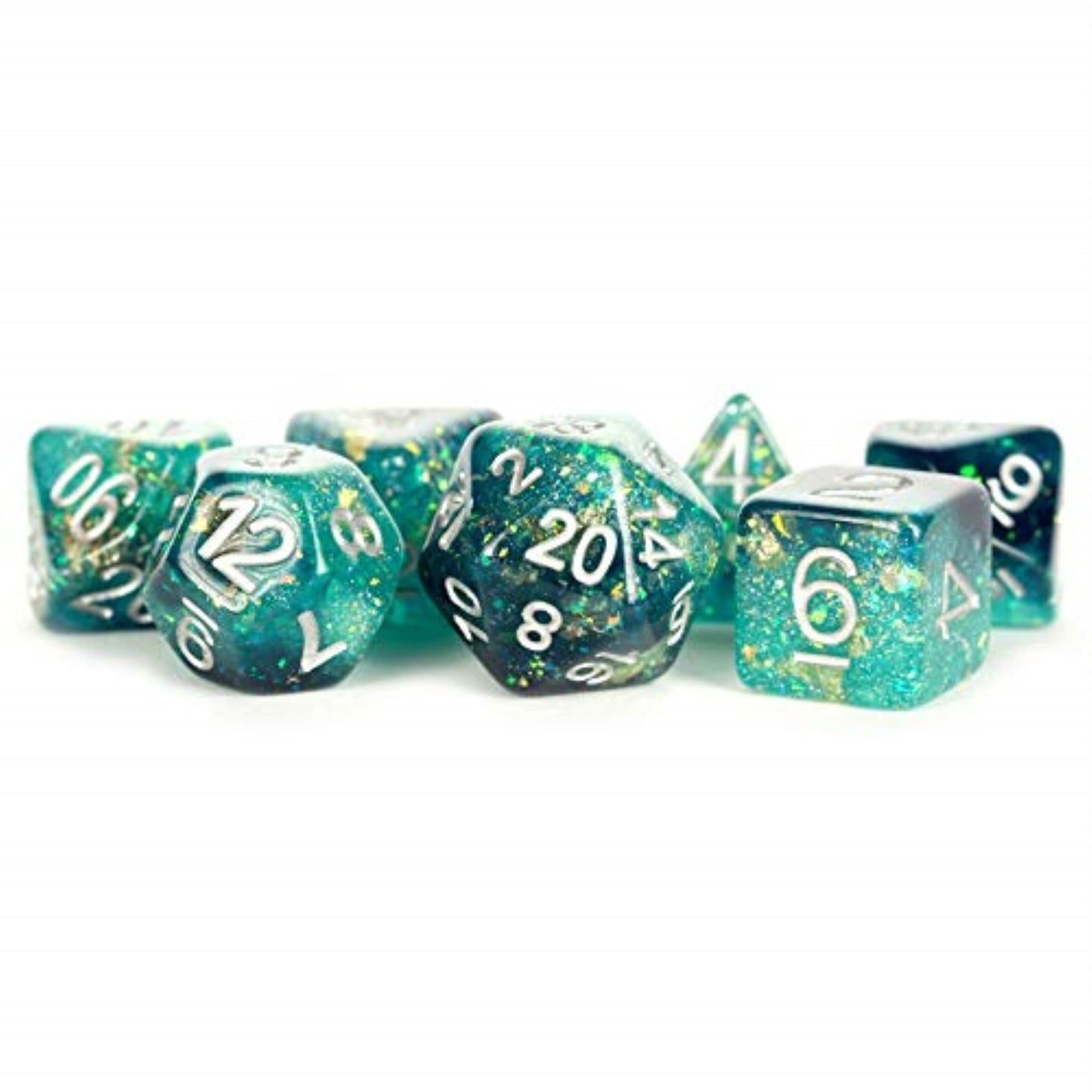 Teal And Black Eternal Resin With White Numbers 16Mm (5/8In) 7 Dice Set Metallic Dice Games
