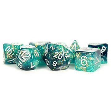 Teal And Black Eternal Resin With White Numbers 16Mm (5/8In) 7 Dice Set Metallic Dice Games