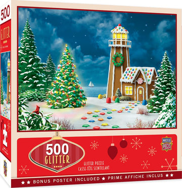 Masterpieces 500 Piece Glitter Christmas Jigsaw Puzzle - Gingerbread Lighthouse - 15'X21'
