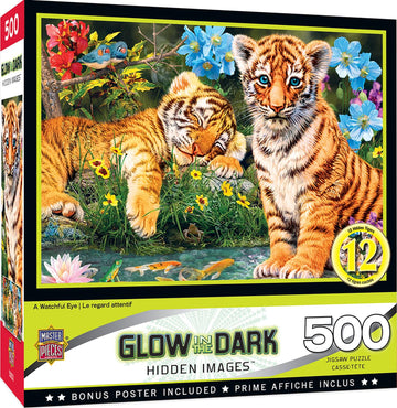 Masterpieces - 500 Piece Jigsaw Puzzle, Glows In The Dark, Hidden Images, A Watchful Eye, Fun For Adults, Family, Kids, 15' X 21'