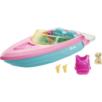 Barbie Boat With Puppy And Themed Accessories, Fits 3 Dolls, Floats In Water, Great For 3 To 7 Year Olds