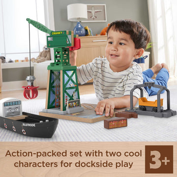 Thomas & Friends Wooden Railway Toy Train Set Brendam Docks Wood Playset With Cranky The Crane For Preschool Kids Ages 3+ Years