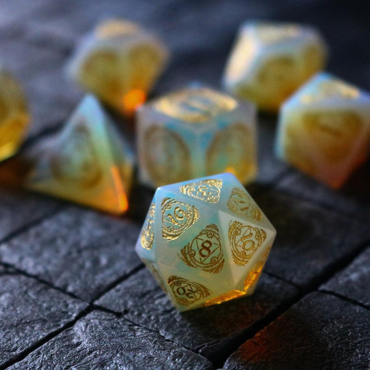 Mage Fury Gemstone Opalite Hand Carved DND Dice Set