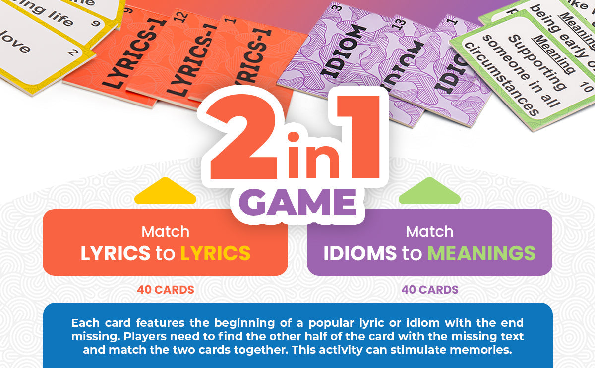 Assistex 2 in 1 Matching Card Memory Games for Seniors –  Lyric and Idiom Matching Card Games for memory loss Dementia Activities for Seniors – Alzheimer's Activities