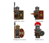 Set of 4 Roman army minifigures including heavy infantry, crossbowman, auxiliary legionary, and Roman centurion with shields and helmets, LEGO-compatible