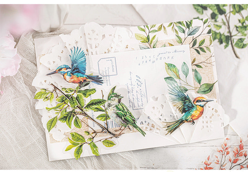 Flowers, Birds, Chirping Leaves, Pet Special-Shaped Sticker Pack, Landscaping Ins Style Bird Handbook Material, Mobile Phone Case Sticker