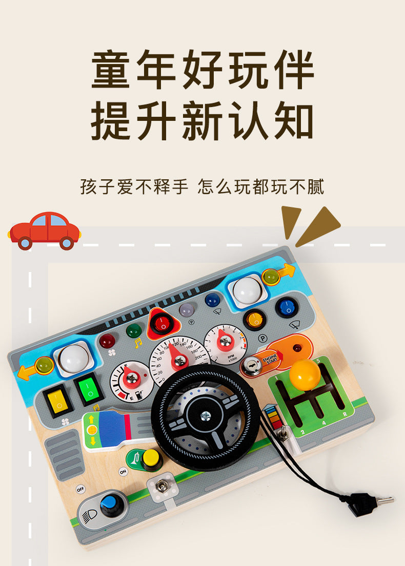 CECPC Montessori Children's Simulated Steering Wheel Busy Board Switch Led Light Busy Board Early Education Educational Wooden Toys