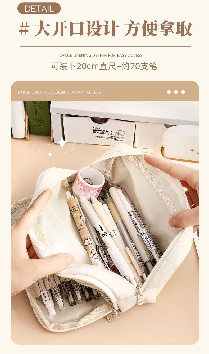 Button Pencil Bag with Good Looks for Girls, Large Capacity, Simple Ins Student Creative Canvas Stationery Bag, Pencil Stationery Box