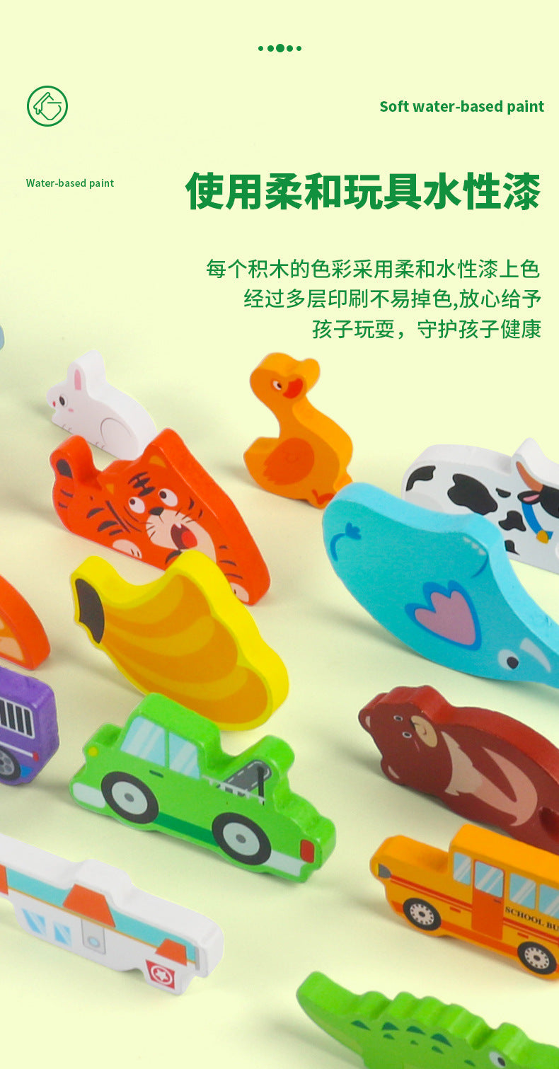 Cross-Border Children's Wooden Three-Dimensional Hexagonal Puzzle Animal Transportation Puzzle Building Blocks Early Education Educational Toys