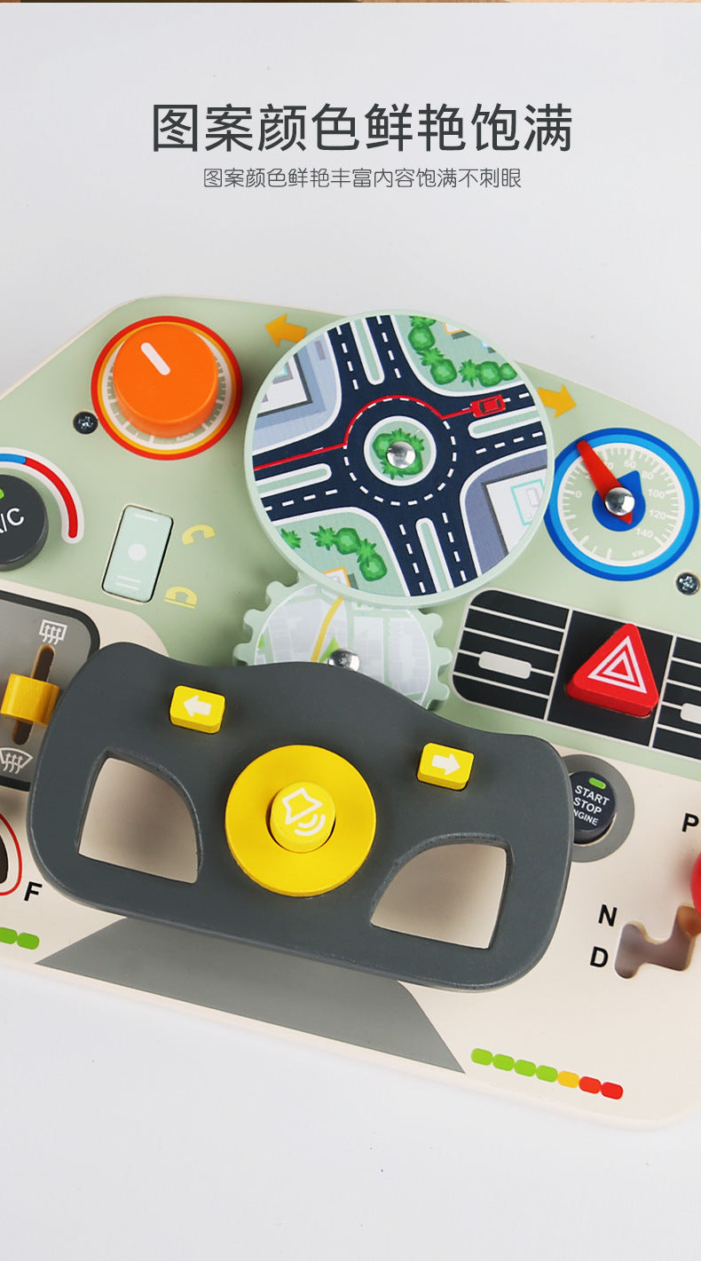 CECPC Montessori Children's Simulated Steering Wheel Busy Board Switch Led Light Busy Board Early Education Educational Wooden Toys