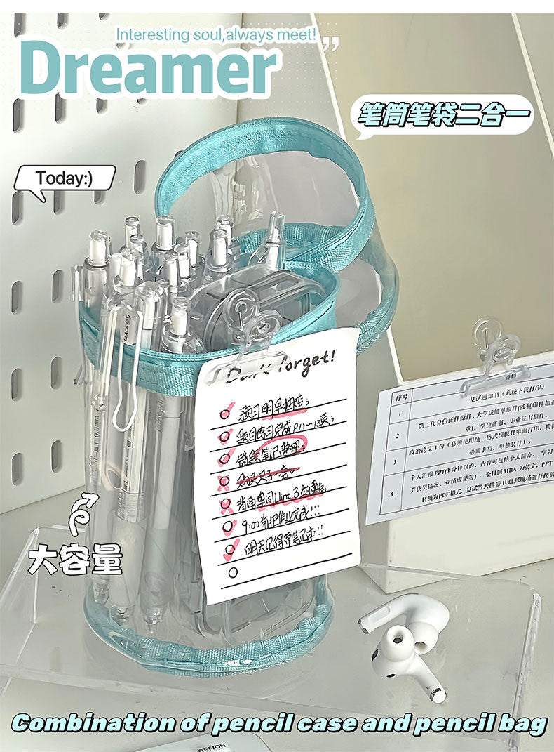 Ins Pen Holder Type Pencil Bag Large Capacity Storage Cylindrical Pen Holder Student High-Looking Transparent Waterproof Thickeneded Stationery Bag