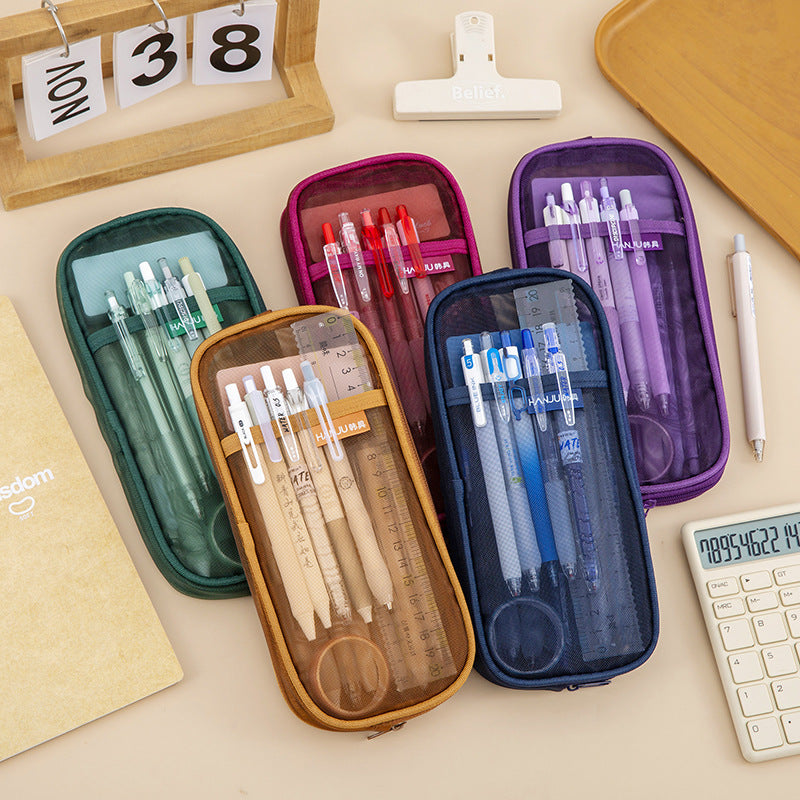 Korean Hj-006 High-Looking Pencil Bag, Transparent Mesh Stationery Bag, Simple Handbag, Cosmetic Bag, Double-Layer Storage Bag