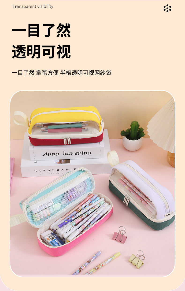 Large-Capacity Durable and Washable Student Stationery Oxford Cloth Storage Bag Transparent Square and Round Pencil Bag Multi-Layer Portable Pencil Bag