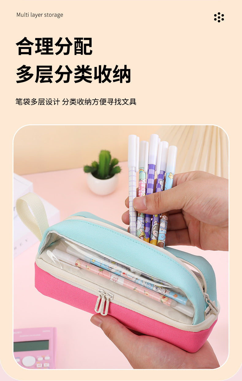Large-Capacity Durable and Washable Student Stationery Oxford Cloth Storage Bag Transparent Square and Round Pencil Bag Multi-Layer Portable Pencil Bag