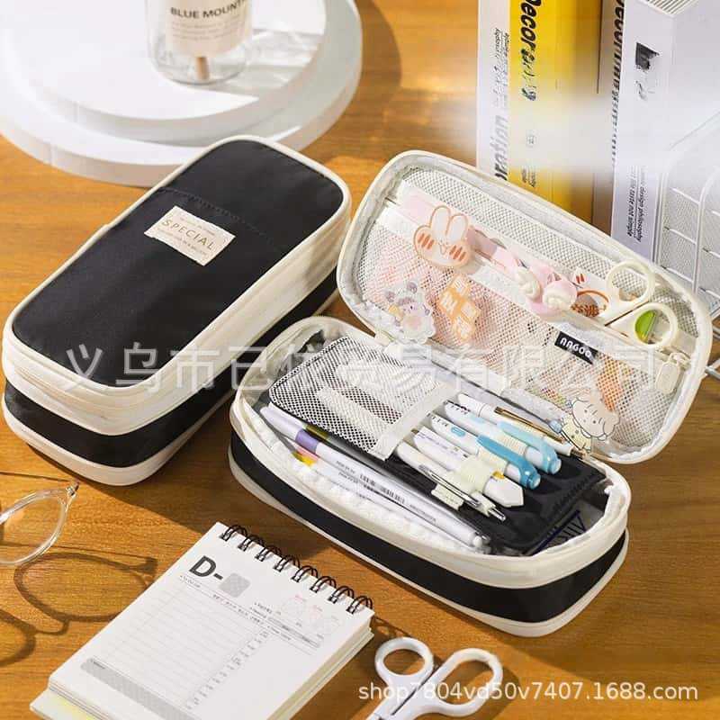 Oxford Cloth Pencil Case with Large Capacity and Multi-Layer Design, Stationery Box for Primary and Secondary School Students, High Aesthetic Value, Simple and Waterproof, Direct from the Source Factory