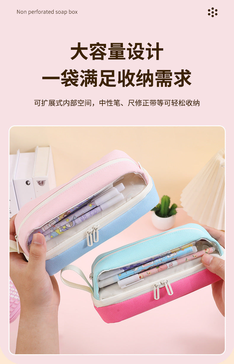 Large-Capacity Durable and Washable Student Stationery Oxford Cloth Storage Bag Transparent Square and Round Pencil Bag Multi-Layer Portable Pencil Bag