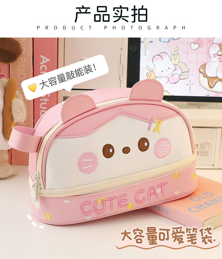 New Large Capacity Blush Panda Pu Pencil Case High-Looking Cute Cartoon Student Neutral Stationery Storage Box Wholesale