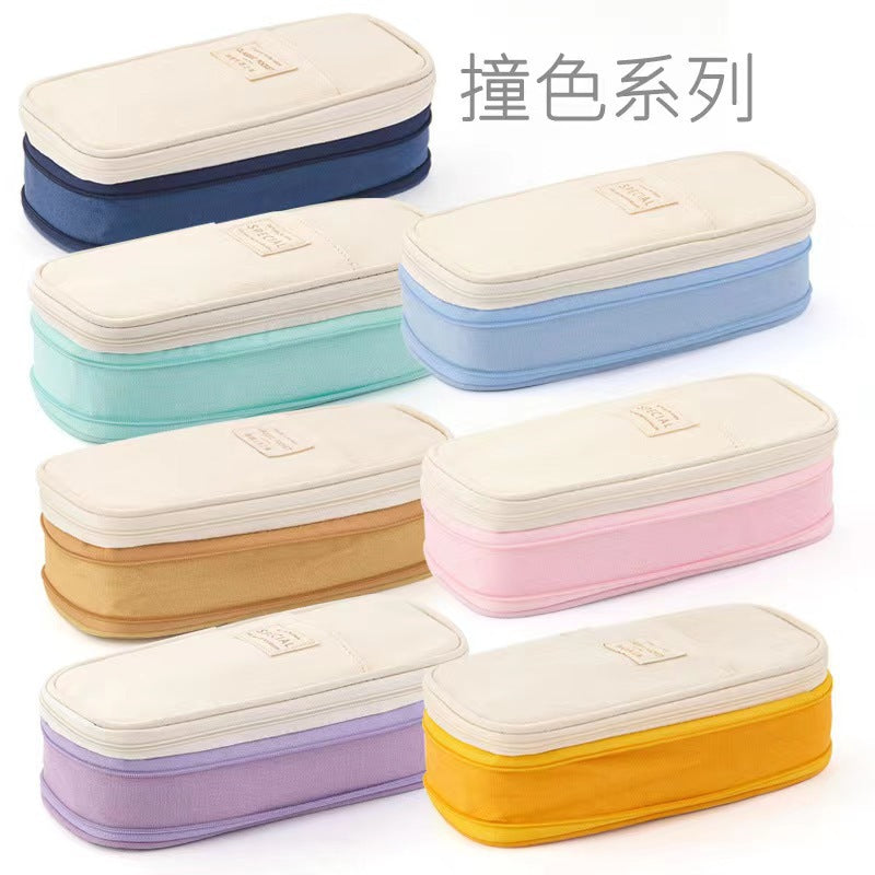 in stock Multi-layer Canvas Retractable Pencil Case Korean Simple High School Student Macaron Color-block Variable Large Capacity Pencil Case