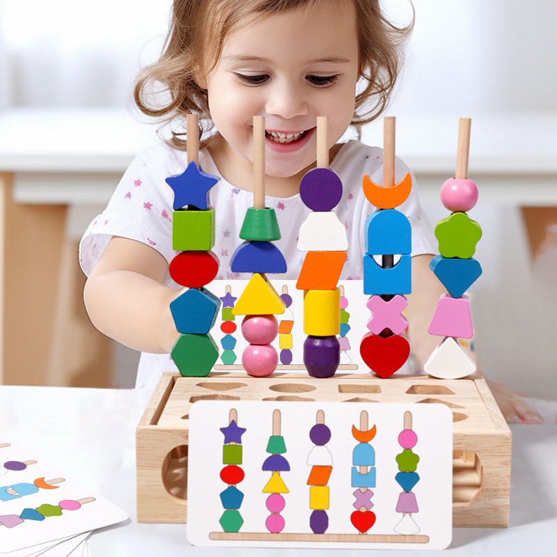 Children's Educational Beaded Five Sets of Column Color Sensory Enlightenment Children's Shape Matching Perception Early Education Wooden Building Blocks Play