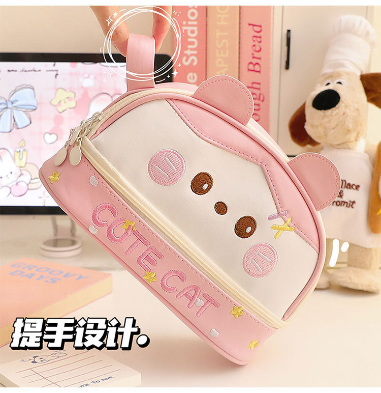 New Large Capacity Blush Panda Pu Pencil Case High-Looking Cute Cartoon Student Neutral Stationery Storage Box Wholesale