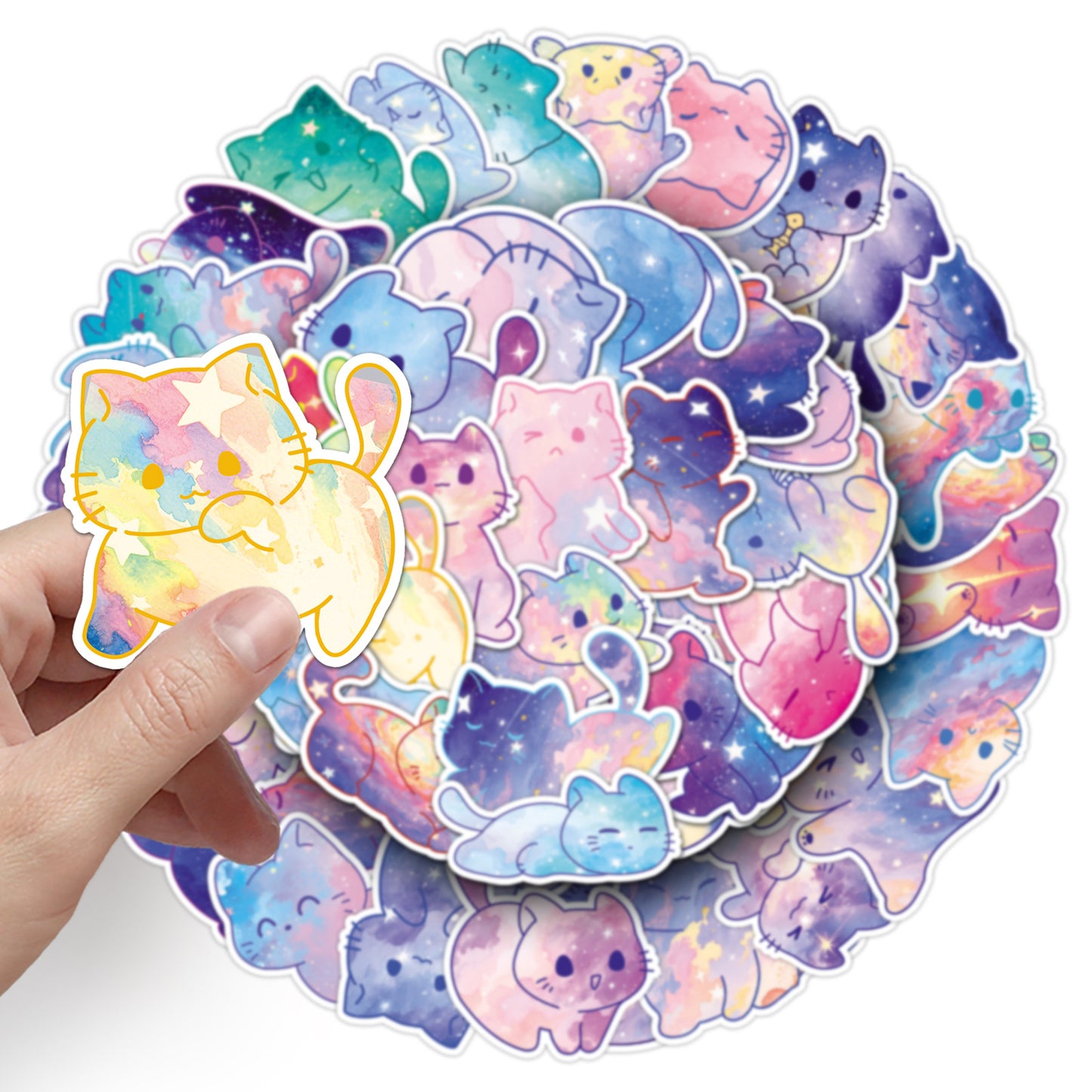 50 Original Watercolor Starry Sky Cat Stickers Hand-Painted Without Infringement Cute Ins Style Cat Notebook Stickers
