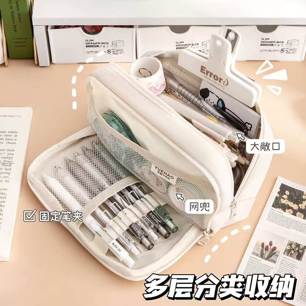 Button Pencil Bag with Good Looks for Girls, Large Capacity, Simple Ins Student Creative Canvas Stationery Bag, Pencil Stationery Box