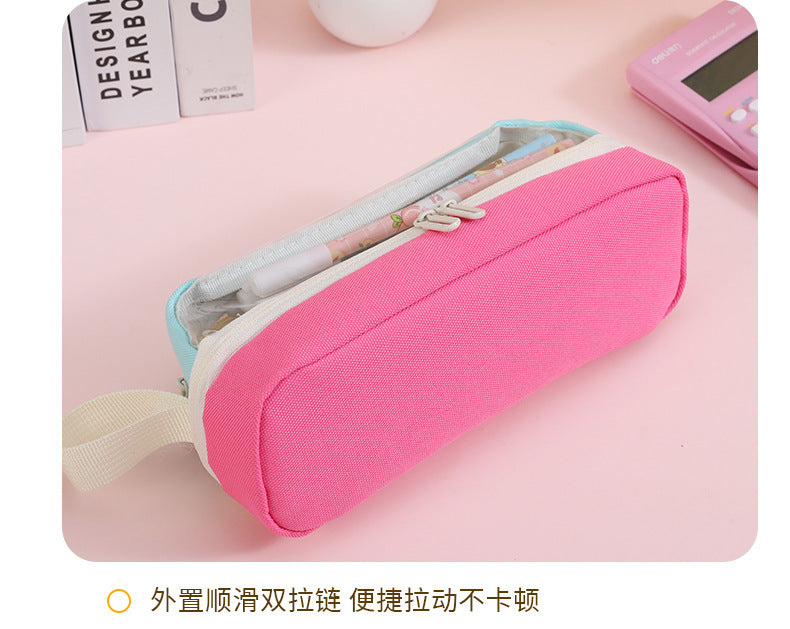 Large-Capacity Durable and Washable Student Stationery Oxford Cloth Storage Bag Transparent Square and Round Pencil Bag Multi-Layer Portable Pencil Bag