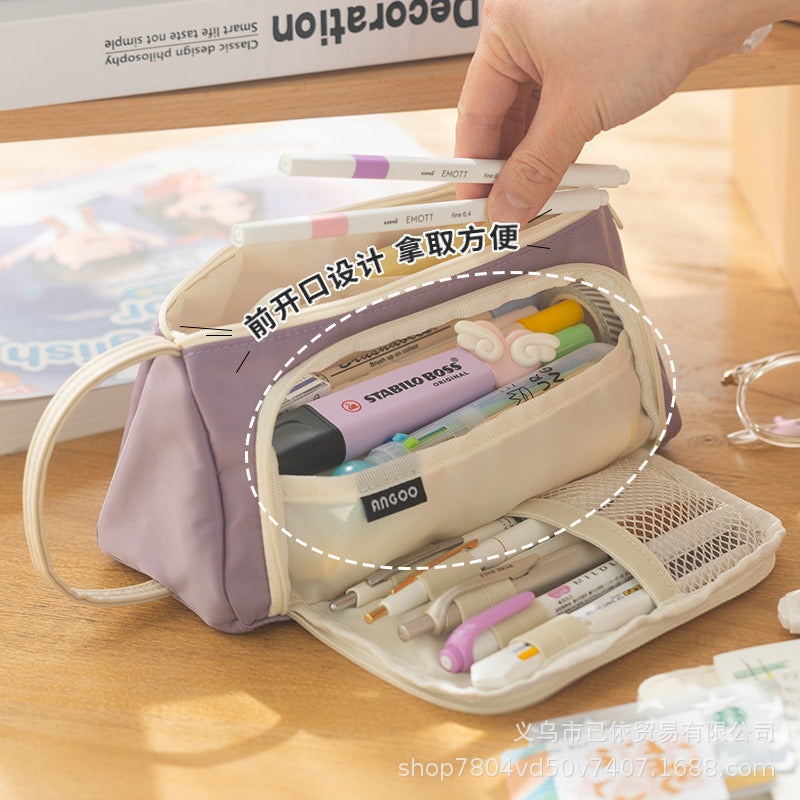 Triangular Pencil Case with Large Capacity and Multi-Functional Features, Korean-Style Ins-Style Stationery Box for Middle and High School Students, Direct from the Manufacturer