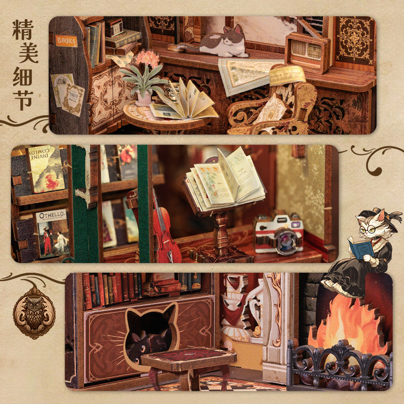 CuteBee New Small Frame Owl Bookstore diy Wooden 3D Handmade Assembled Book Stand Model Toy