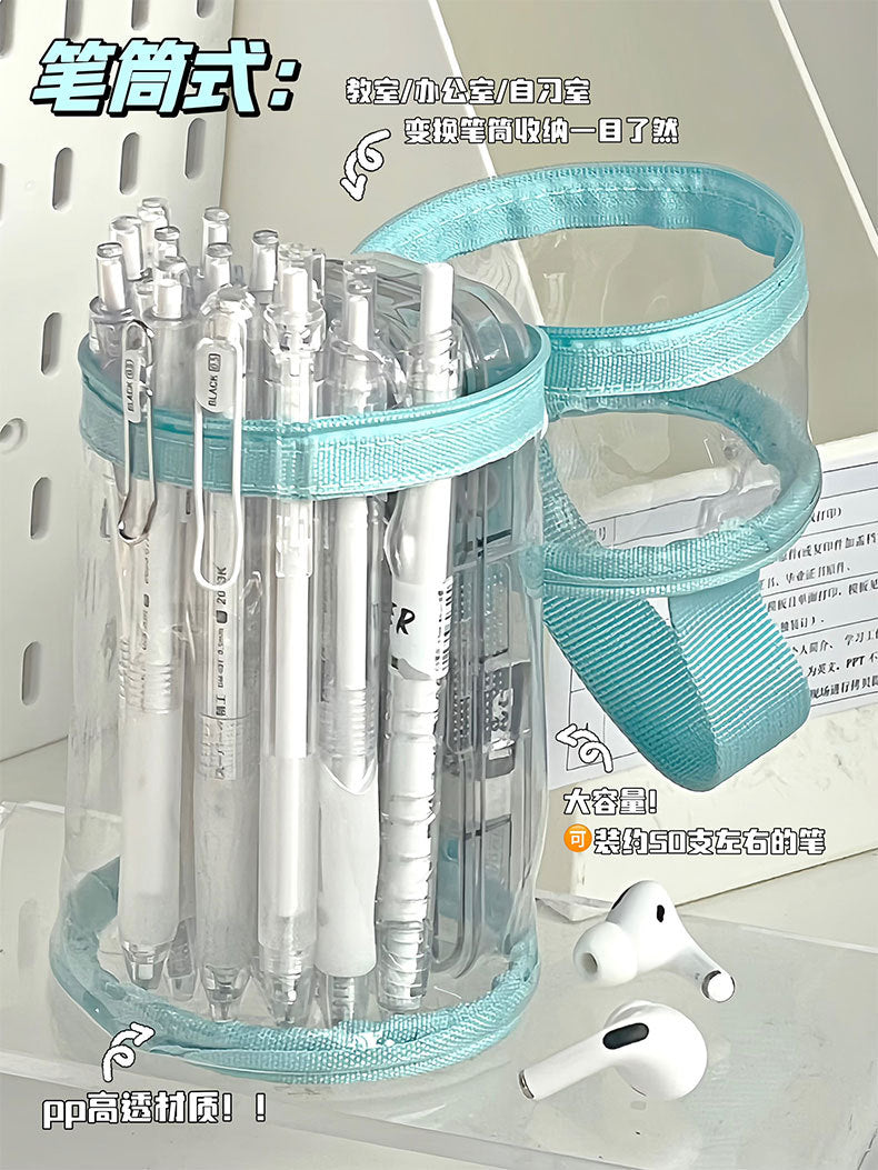 Ins Pen Holder Type Pencil Bag Large Capacity Storage Cylindrical Pen Holder Student High-Looking Transparent Waterproof Thickeneded Stationery Bag