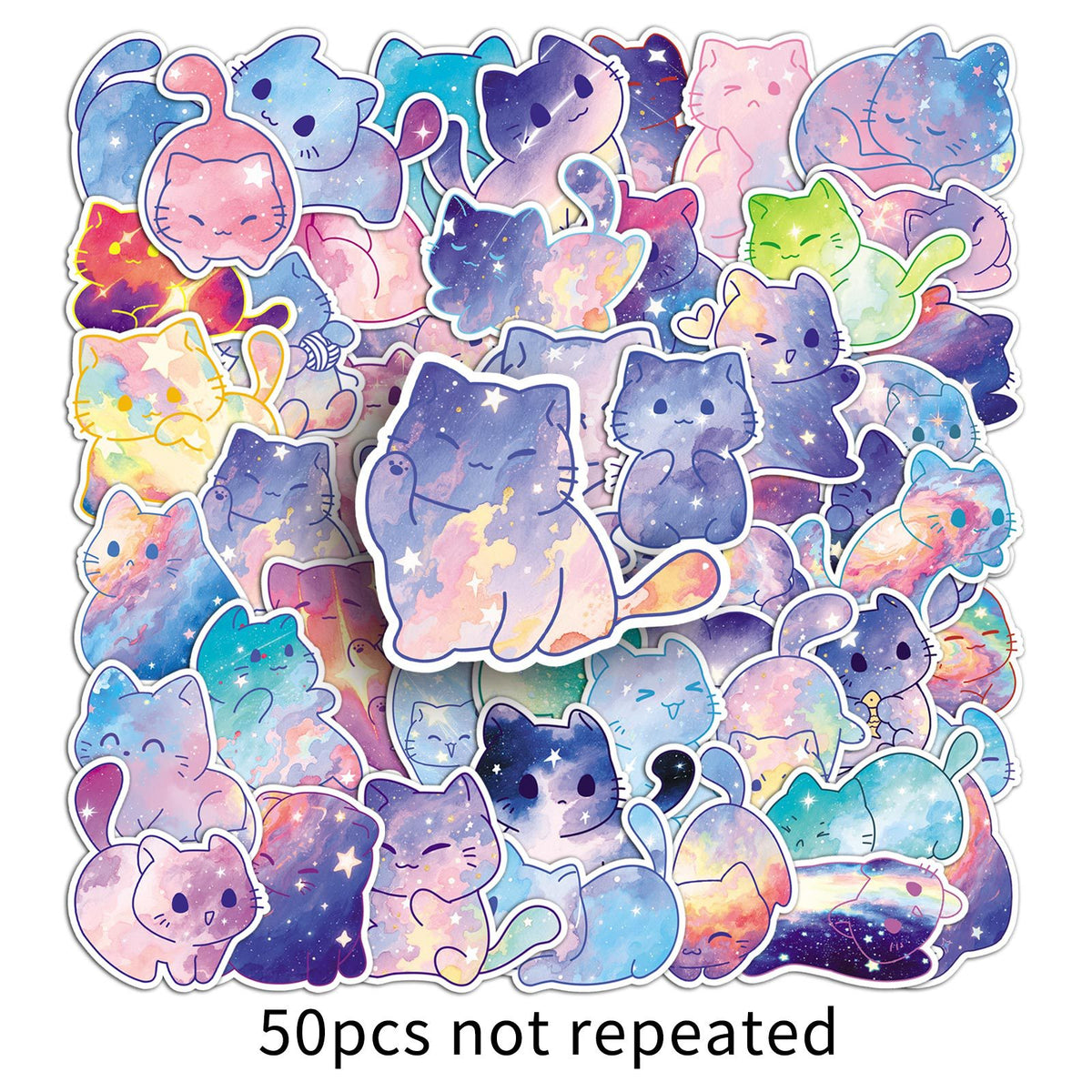 50 Original Watercolor Starry Sky Cat Stickers Hand-Painted Without Infringement Cute Ins Style Cat Notebook Stickers