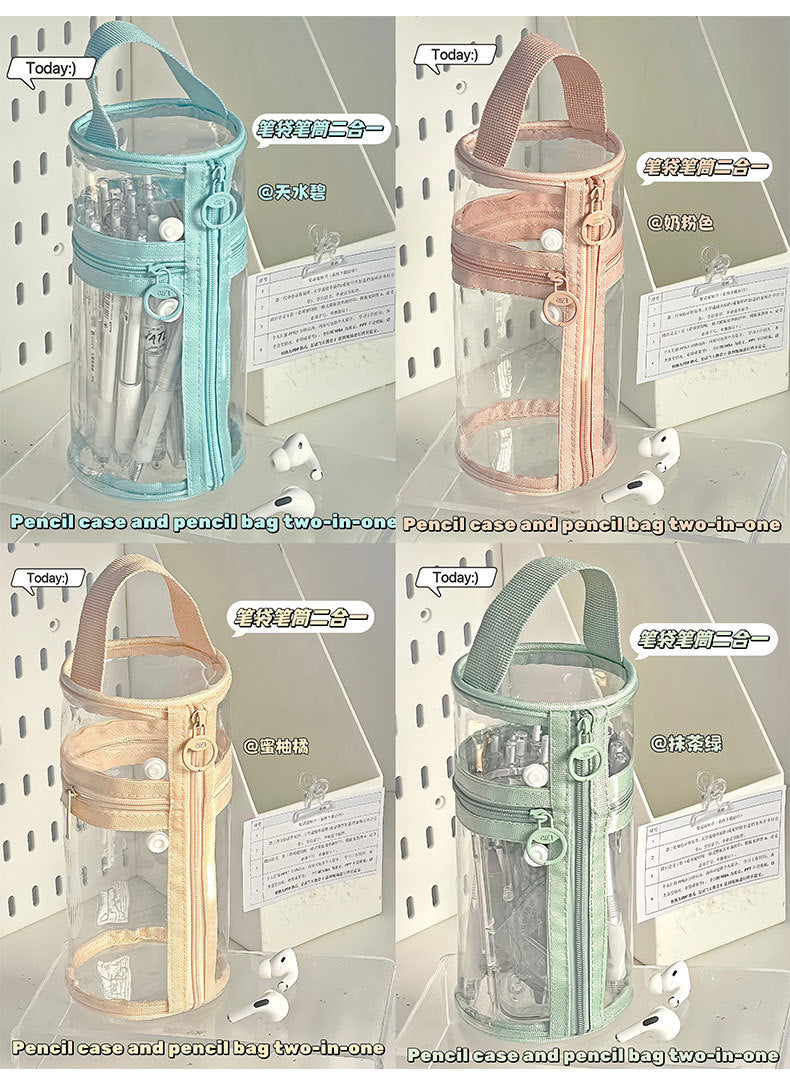 Ins Pen Holder Type Pencil Bag Large Capacity Storage Cylindrical Pen Holder Student High-Looking Transparent Waterproof Thickeneded Stationery Bag