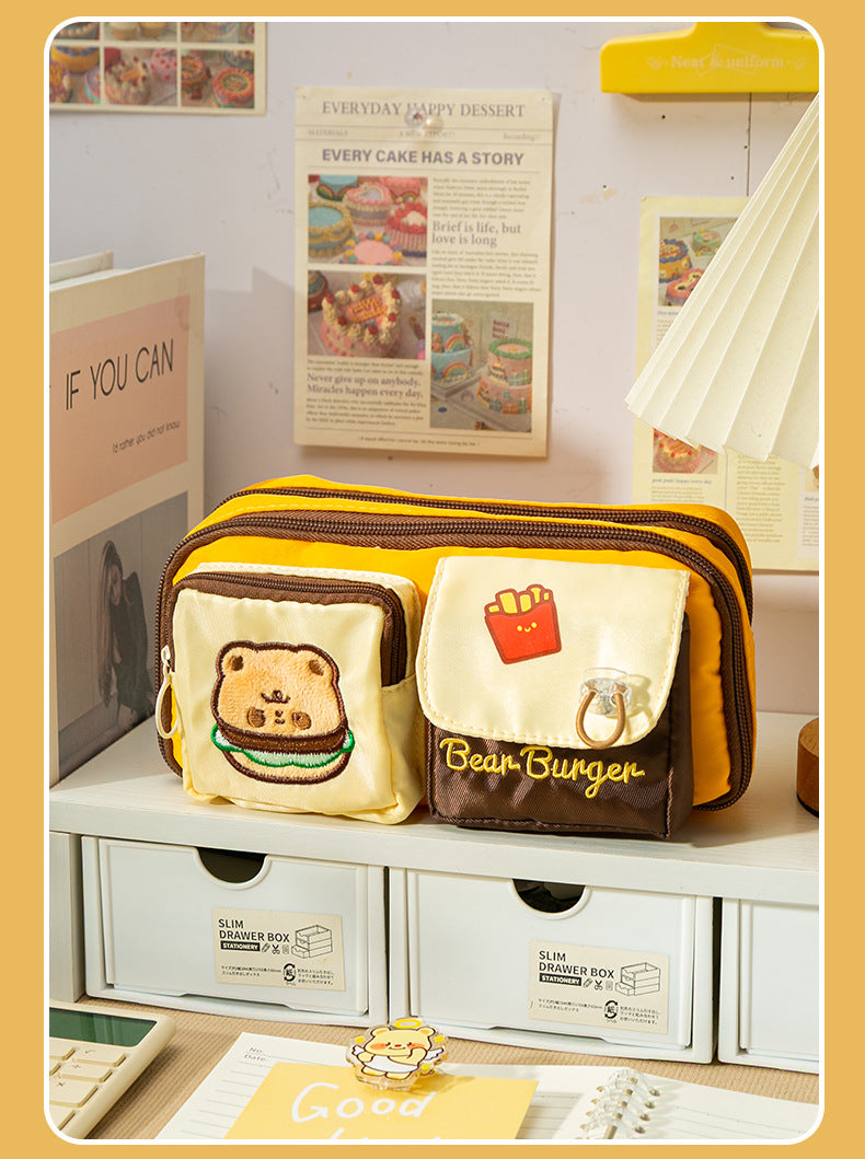 Bear Burger Pencil Case New Design Large Capacity Stationery Box Girls Niche High-Looking Student Cute Pencil Case