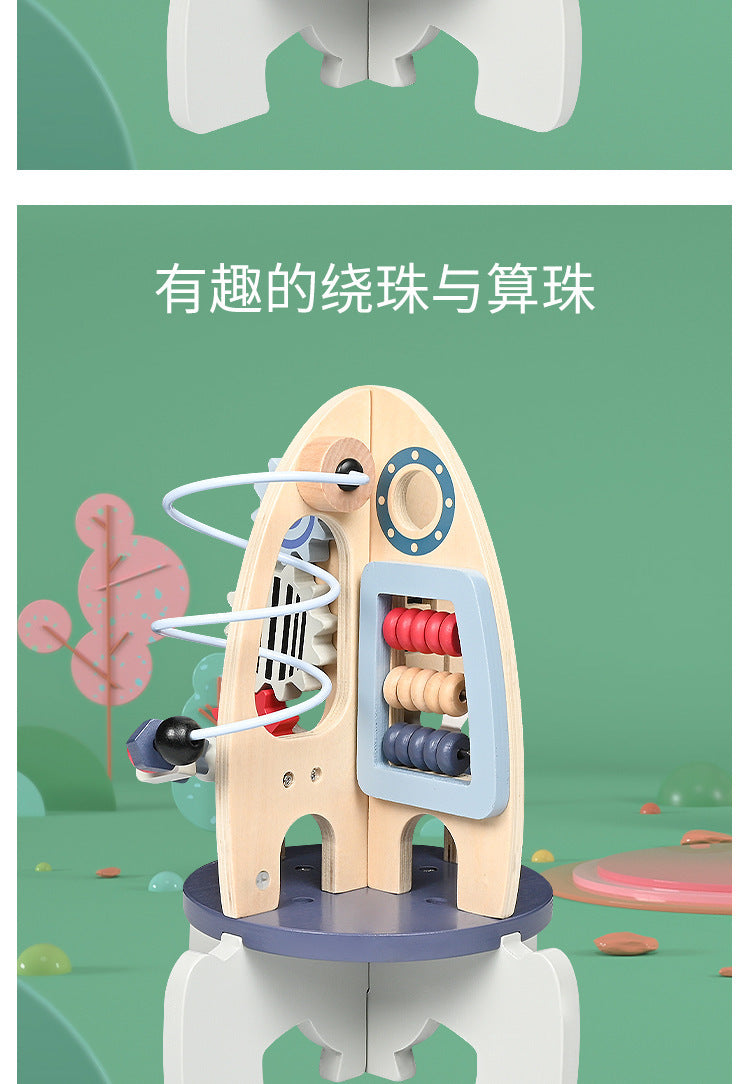 New Children's Wooden Space Rocket Multi-Functional Educational Early Education Around Beads Montessori Toys Customized