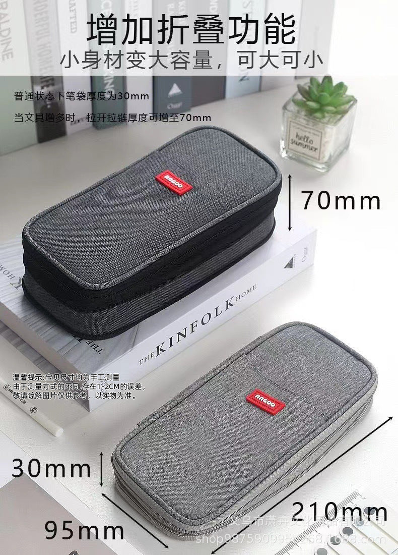 Cross-Border Color-Blocked Retractable Pencil Case, Large-Capacity Stationery Bag, Multifunctional Double-Zipper for Students, Simple and Convertible into Canvas