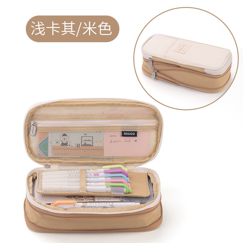 in stock Multi-layer Canvas Retractable Pencil Case Korean Simple High School Student Macaron Color-block Variable Large Capacity Pencil Case