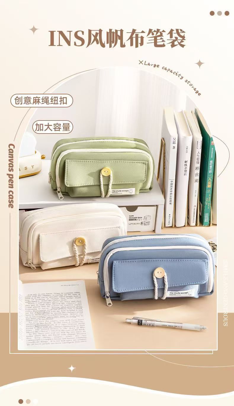 Button Pencil Bag with Good Looks for Girls, Large Capacity, Simple Ins Student Creative Canvas Stationery Bag, Pencil Stationery Box