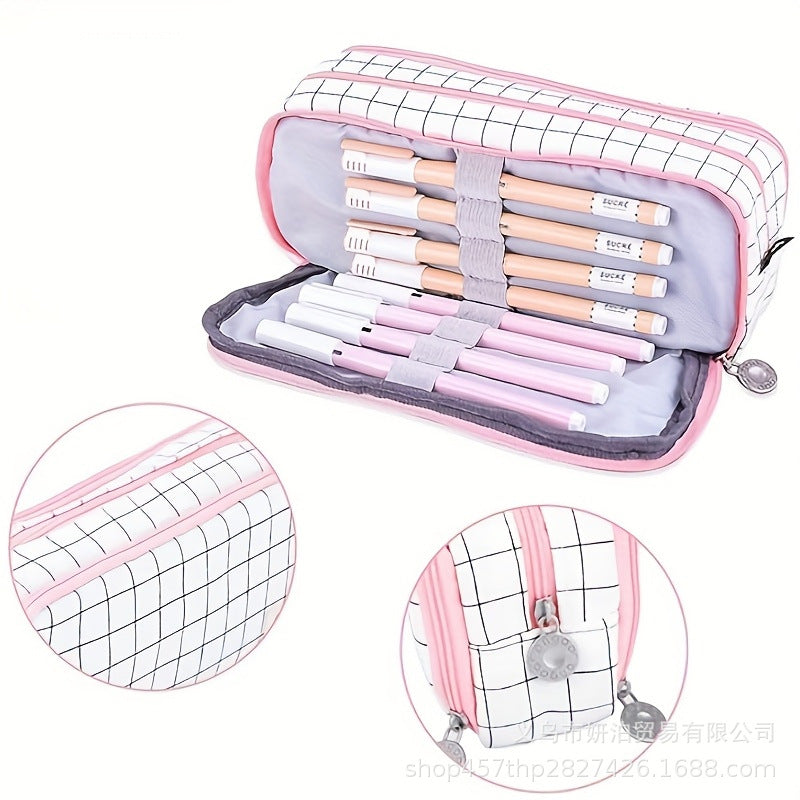 in stock Multi-layer Canvas Retractable Pencil Case Korean Simple High School Student Macaron Color-block Variable Large Capacity Pencil Case